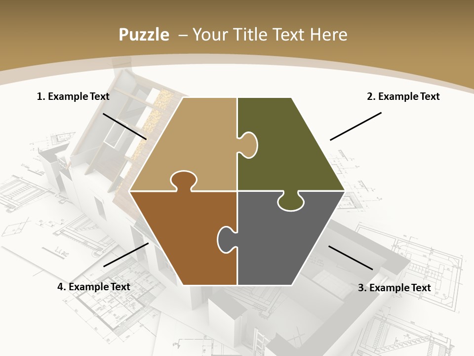 House With Exposed Roof Layers On Top Of Architect Blueprints. PowerPoint Template