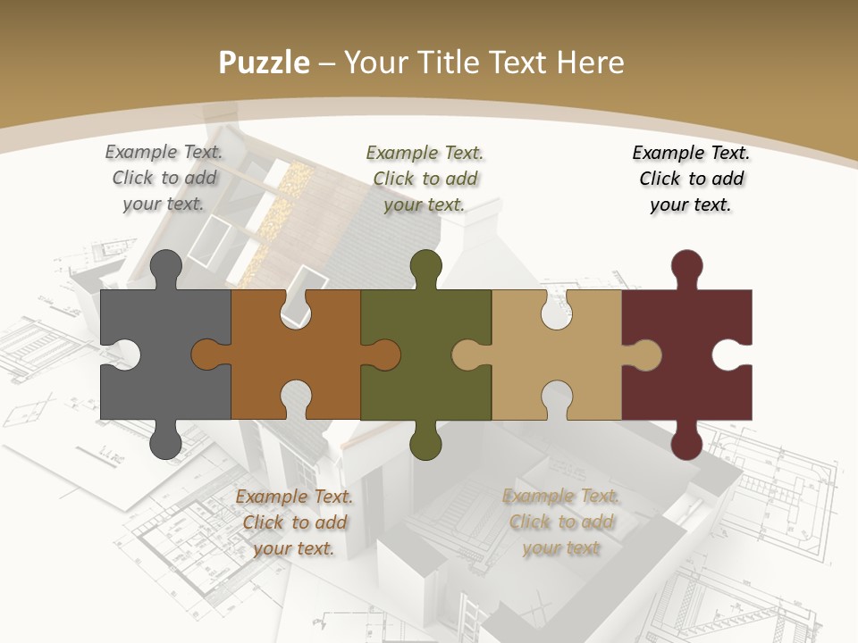 House With Exposed Roof Layers On Top Of Architect Blueprints. PowerPoint Template