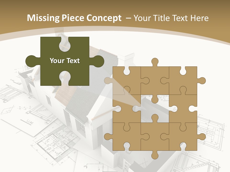 House With Exposed Roof Layers On Top Of Architect Blueprints. PowerPoint Template