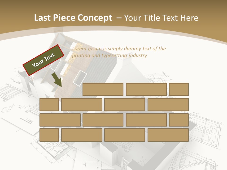 House With Exposed Roof Layers On Top Of Architect Blueprints. PowerPoint Template