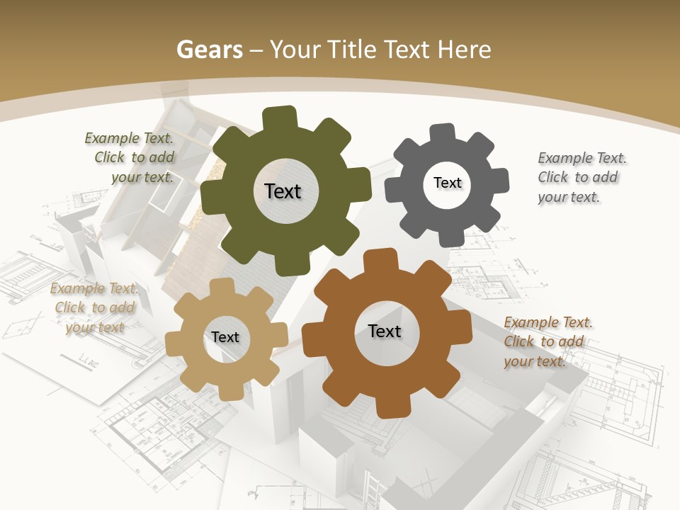 House With Exposed Roof Layers On Top Of Architect Blueprints. PowerPoint Template