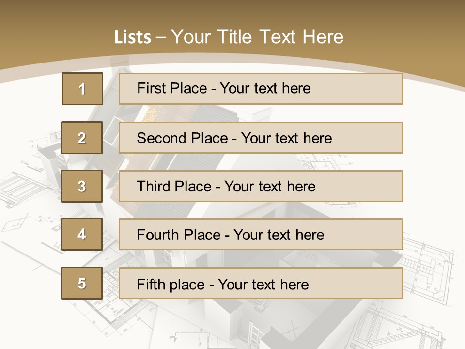 House With Exposed Roof Layers On Top Of Architect Blueprints. PowerPoint Template