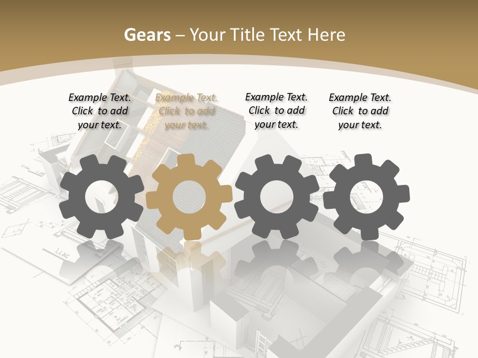 House With Exposed Roof Layers On Top Of Architect Blueprints. PowerPoint Template