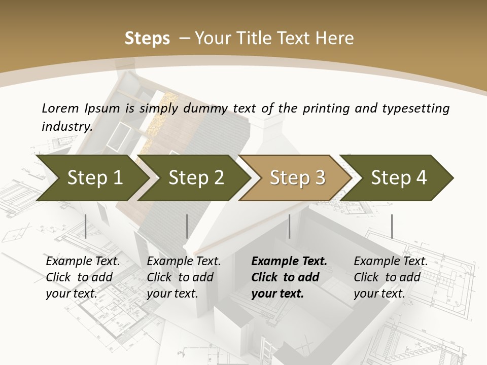 House With Exposed Roof Layers On Top Of Architect Blueprints. PowerPoint Template