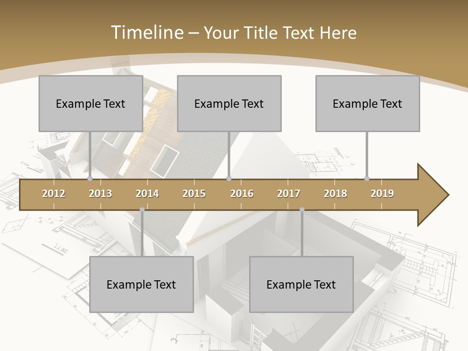 House With Exposed Roof Layers On Top Of Architect Blueprints. PowerPoint Template