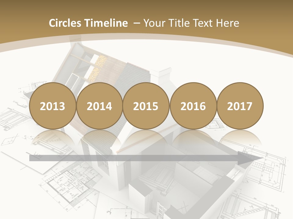 House With Exposed Roof Layers On Top Of Architect Blueprints. PowerPoint Template