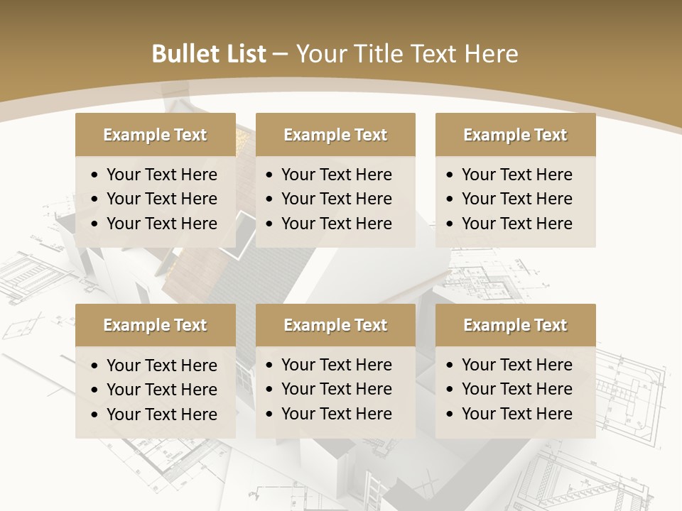 House With Exposed Roof Layers On Top Of Architect Blueprints. PowerPoint Template