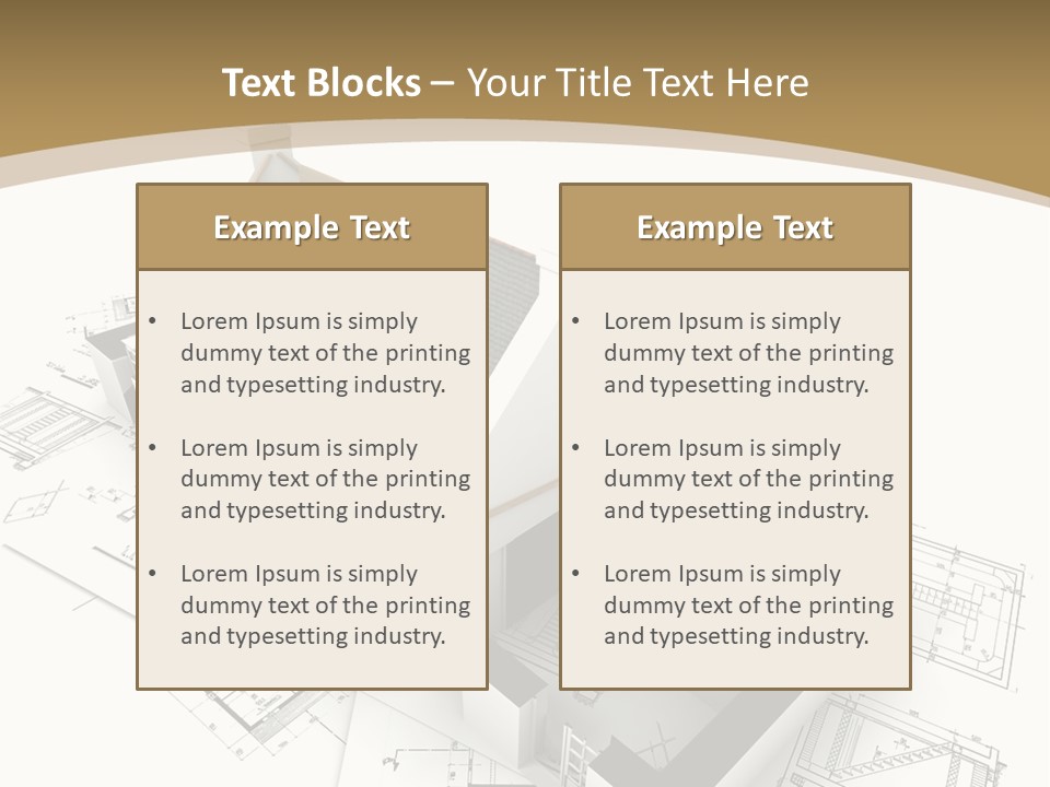 House With Exposed Roof Layers On Top Of Architect Blueprints. PowerPoint Template