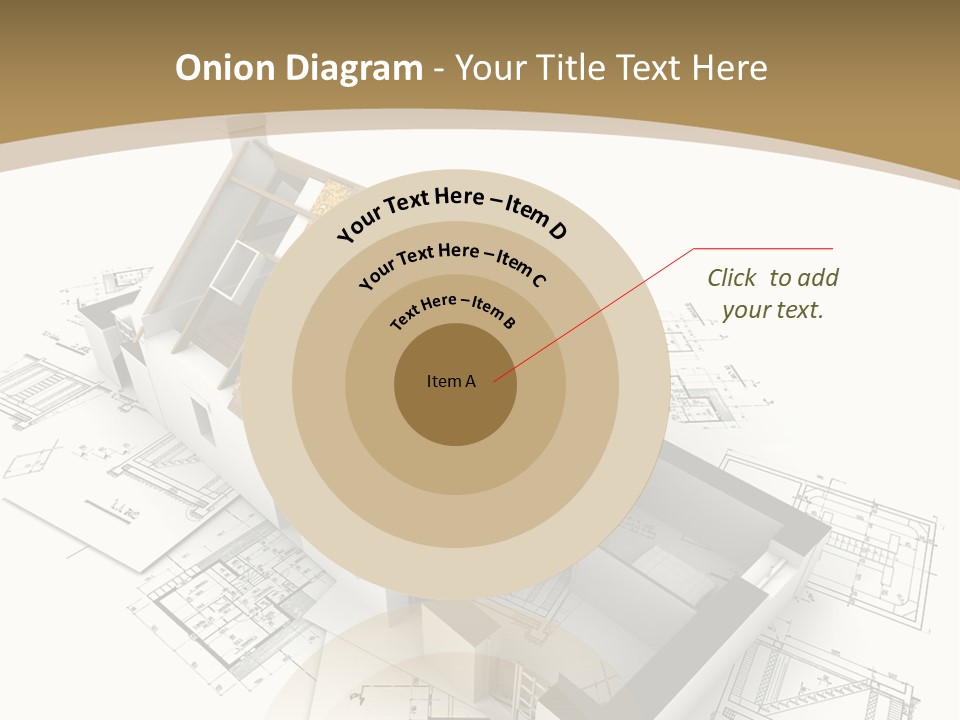 House With Exposed Roof Layers On Top Of Architect Blueprints. PowerPoint Template