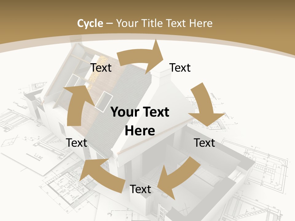 House With Exposed Roof Layers On Top Of Architect Blueprints. PowerPoint Template