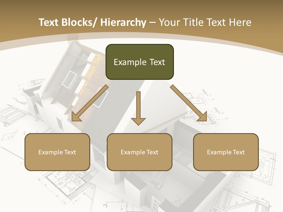 House With Exposed Roof Layers On Top Of Architect Blueprints. PowerPoint Template