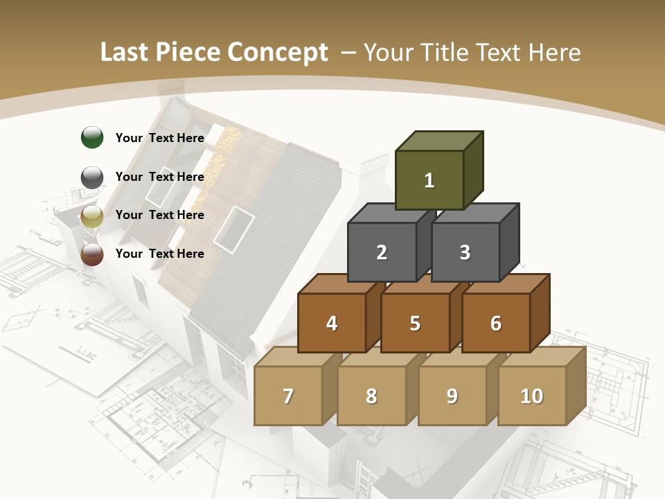 House With Exposed Roof Layers On Top Of Architect Blueprints. PowerPoint Template