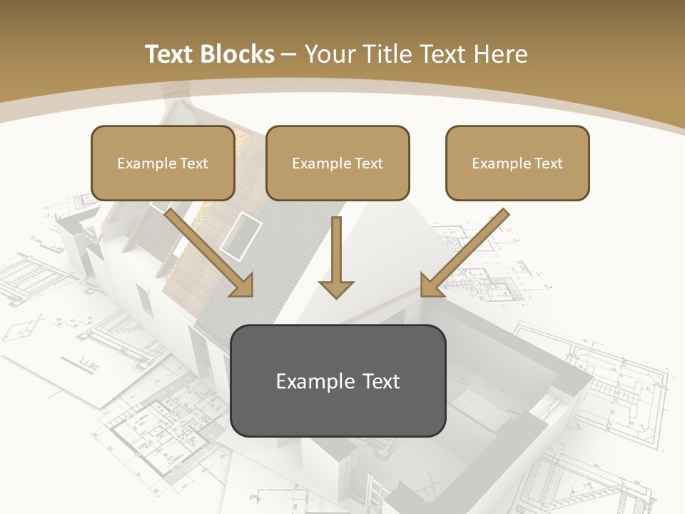 House With Exposed Roof Layers On Top Of Architect Blueprints. PowerPoint Template
