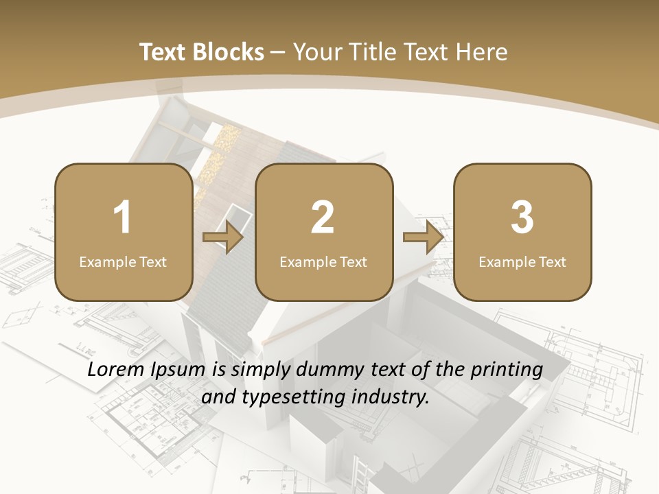 House With Exposed Roof Layers On Top Of Architect Blueprints. PowerPoint Template