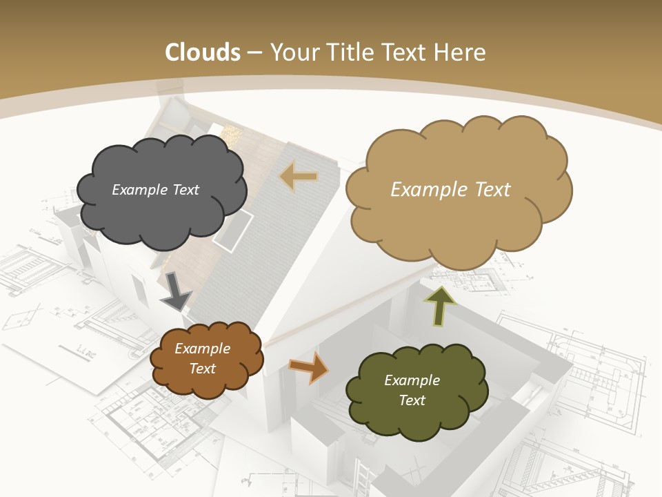 House With Exposed Roof Layers On Top Of Architect Blueprints. PowerPoint Template