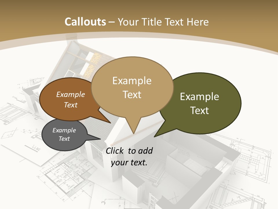 House With Exposed Roof Layers On Top Of Architect Blueprints. PowerPoint Template