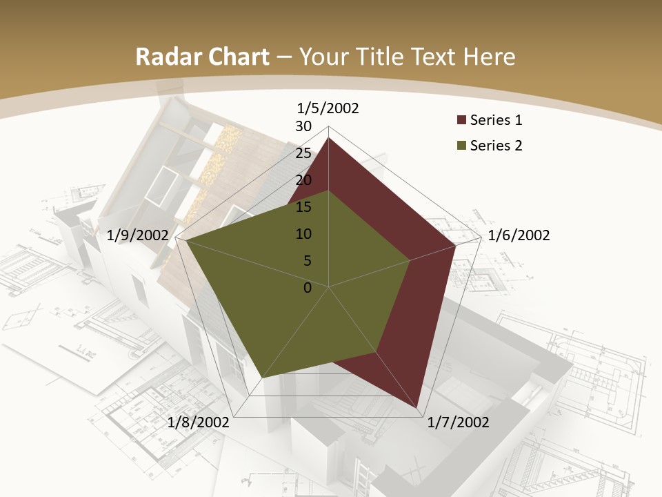 House With Exposed Roof Layers On Top Of Architect Blueprints. PowerPoint Template
