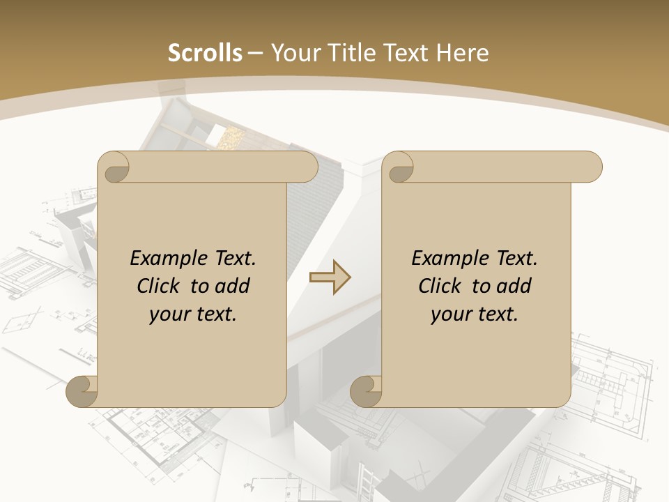 House With Exposed Roof Layers On Top Of Architect Blueprints. PowerPoint Template