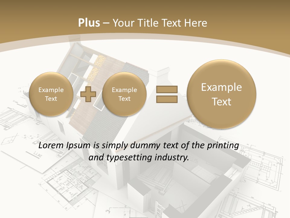House With Exposed Roof Layers On Top Of Architect Blueprints. PowerPoint Template