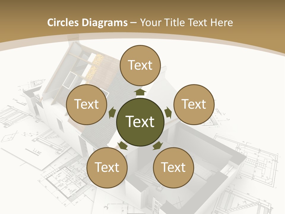 House With Exposed Roof Layers On Top Of Architect Blueprints. PowerPoint Template