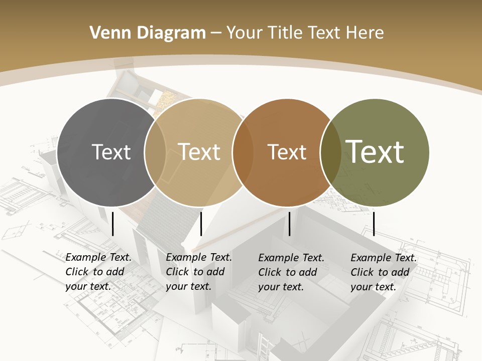 House With Exposed Roof Layers On Top Of Architect Blueprints. PowerPoint Template