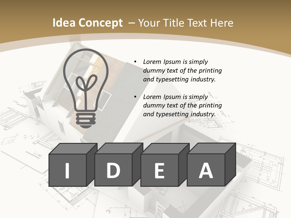 House With Exposed Roof Layers On Top Of Architect Blueprints. PowerPoint Template