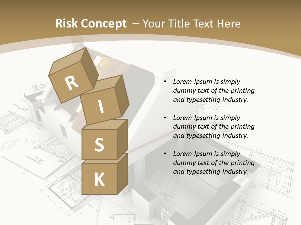House With Exposed Roof Layers On Top Of Architect Blueprints. PowerPoint Template