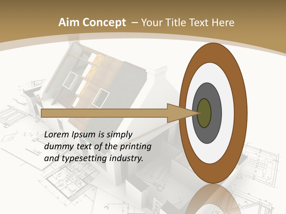 House With Exposed Roof Layers On Top Of Architect Blueprints. PowerPoint Template