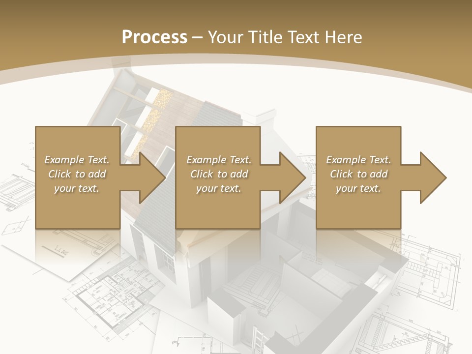 House With Exposed Roof Layers On Top Of Architect Blueprints. PowerPoint Template