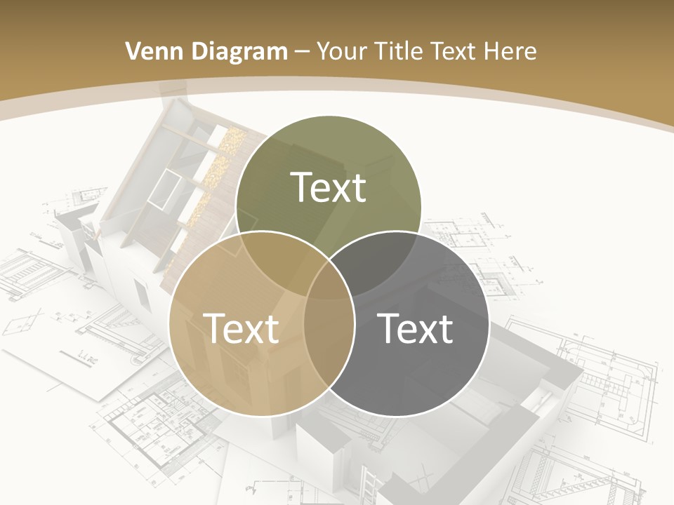 House With Exposed Roof Layers On Top Of Architect Blueprints. PowerPoint Template