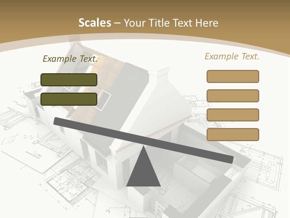 House With Exposed Roof Layers On Top Of Architect Blueprints. PowerPoint Template