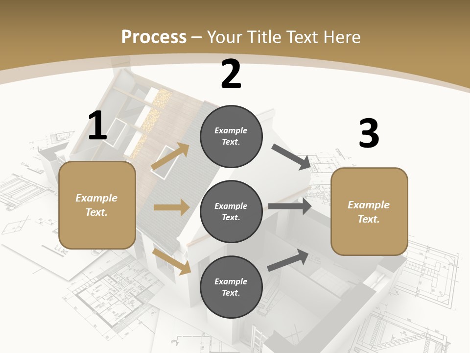 House With Exposed Roof Layers On Top Of Architect Blueprints. PowerPoint Template