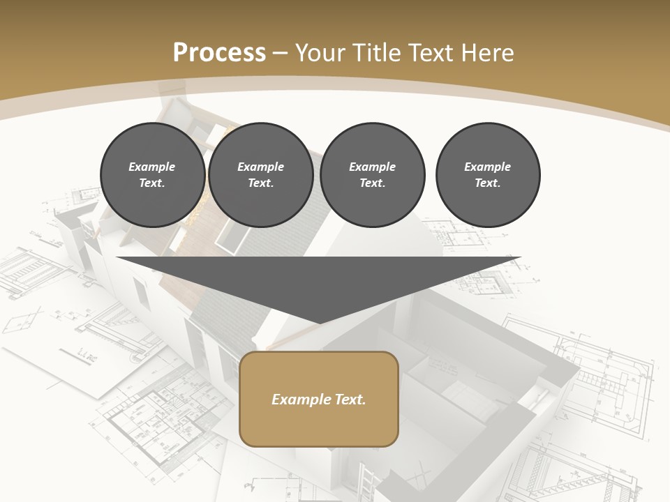 House With Exposed Roof Layers On Top Of Architect Blueprints. PowerPoint Template