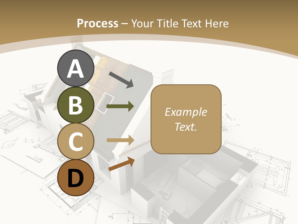 House With Exposed Roof Layers On Top Of Architect Blueprints. PowerPoint Template