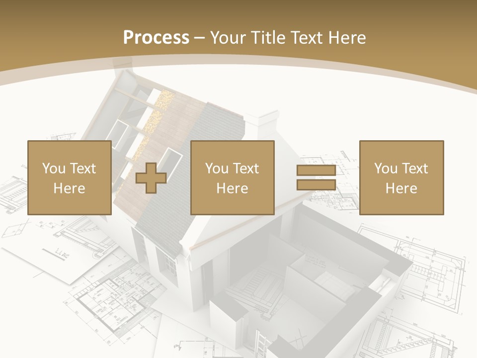 House With Exposed Roof Layers On Top Of Architect Blueprints. PowerPoint Template
