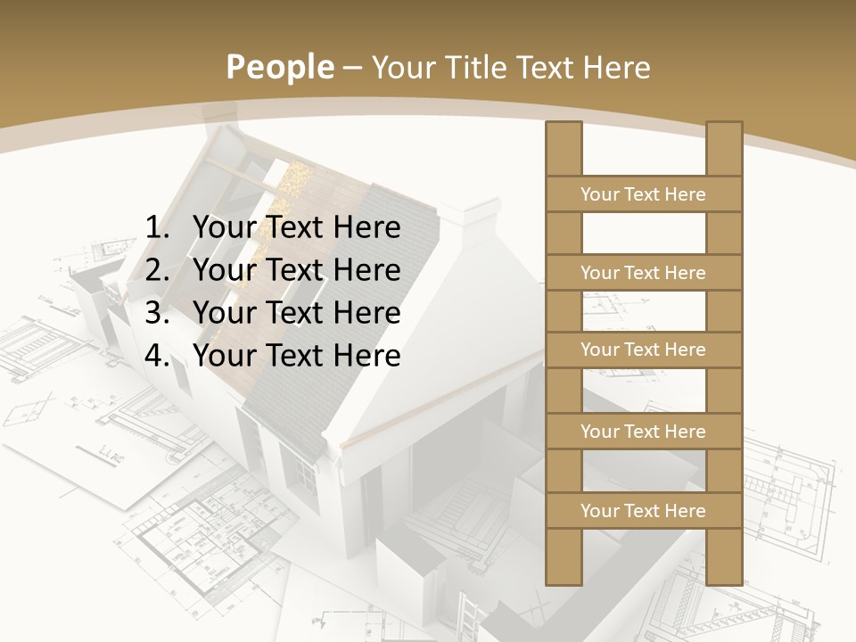 House With Exposed Roof Layers On Top Of Architect Blueprints. PowerPoint Template