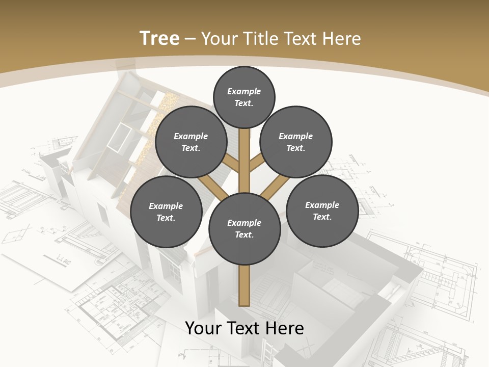 House With Exposed Roof Layers On Top Of Architect Blueprints. PowerPoint Template