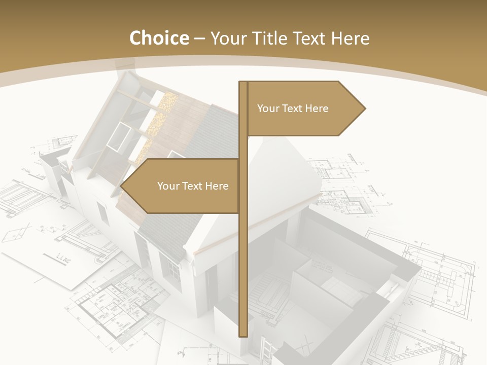 House With Exposed Roof Layers On Top Of Architect Blueprints. PowerPoint Template