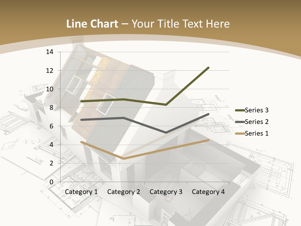 House With Exposed Roof Layers On Top Of Architect Blueprints. PowerPoint Template