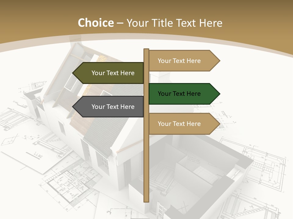 House With Exposed Roof Layers On Top Of Architect Blueprints. PowerPoint Template