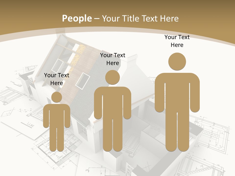 House With Exposed Roof Layers On Top Of Architect Blueprints. PowerPoint Template