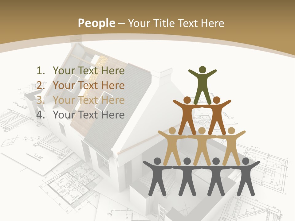 House With Exposed Roof Layers On Top Of Architect Blueprints. PowerPoint Template