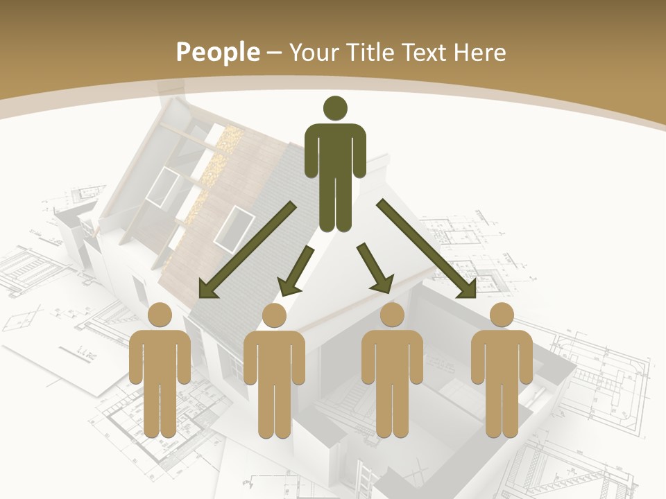 House With Exposed Roof Layers On Top Of Architect Blueprints. PowerPoint Template