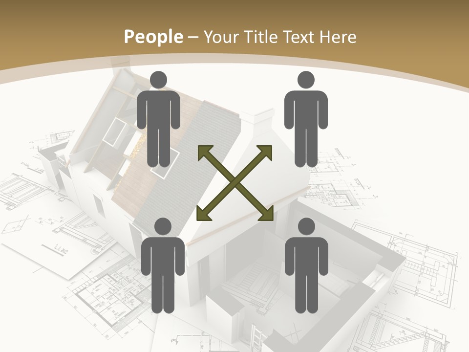 House With Exposed Roof Layers On Top Of Architect Blueprints. PowerPoint Template