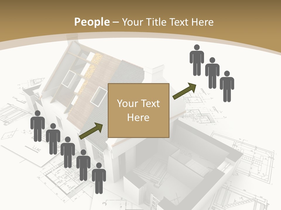 House With Exposed Roof Layers On Top Of Architect Blueprints. PowerPoint Template