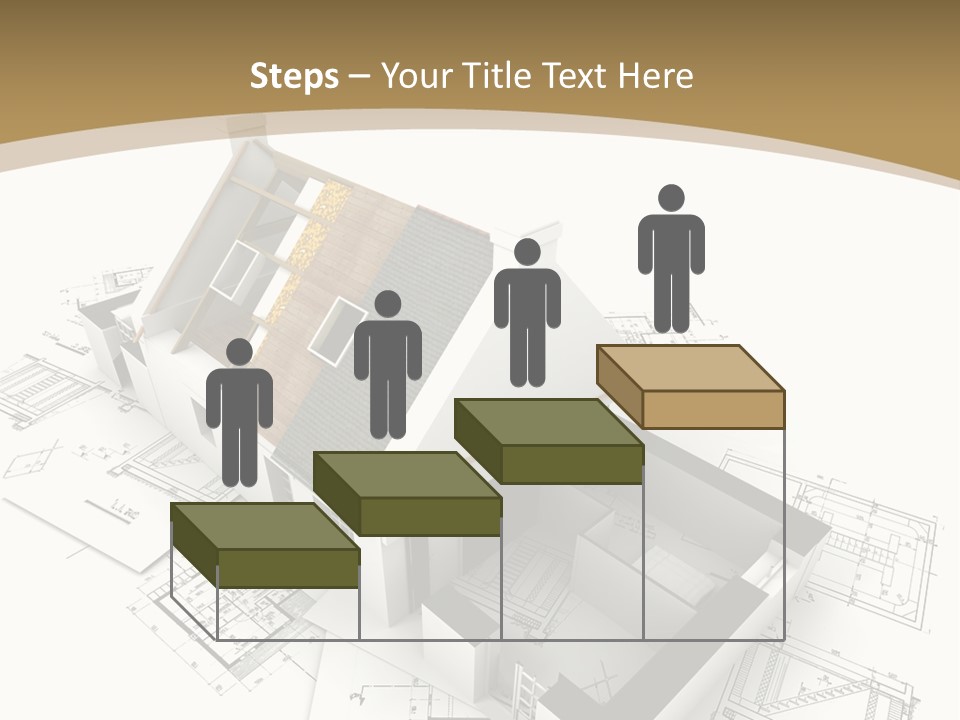 House With Exposed Roof Layers On Top Of Architect Blueprints. PowerPoint Template