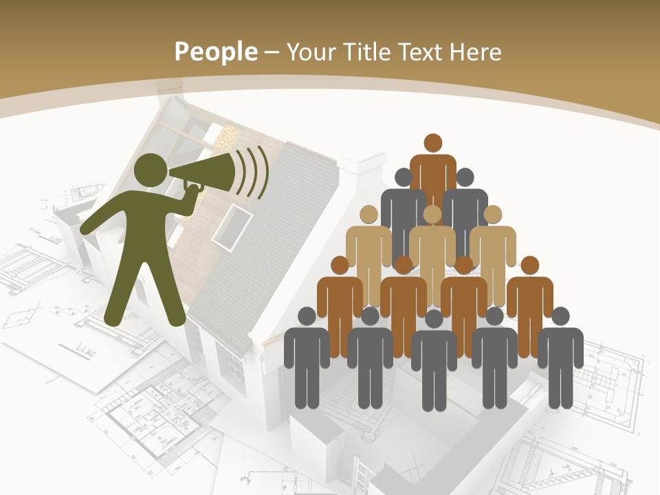 House With Exposed Roof Layers On Top Of Architect Blueprints. PowerPoint Template