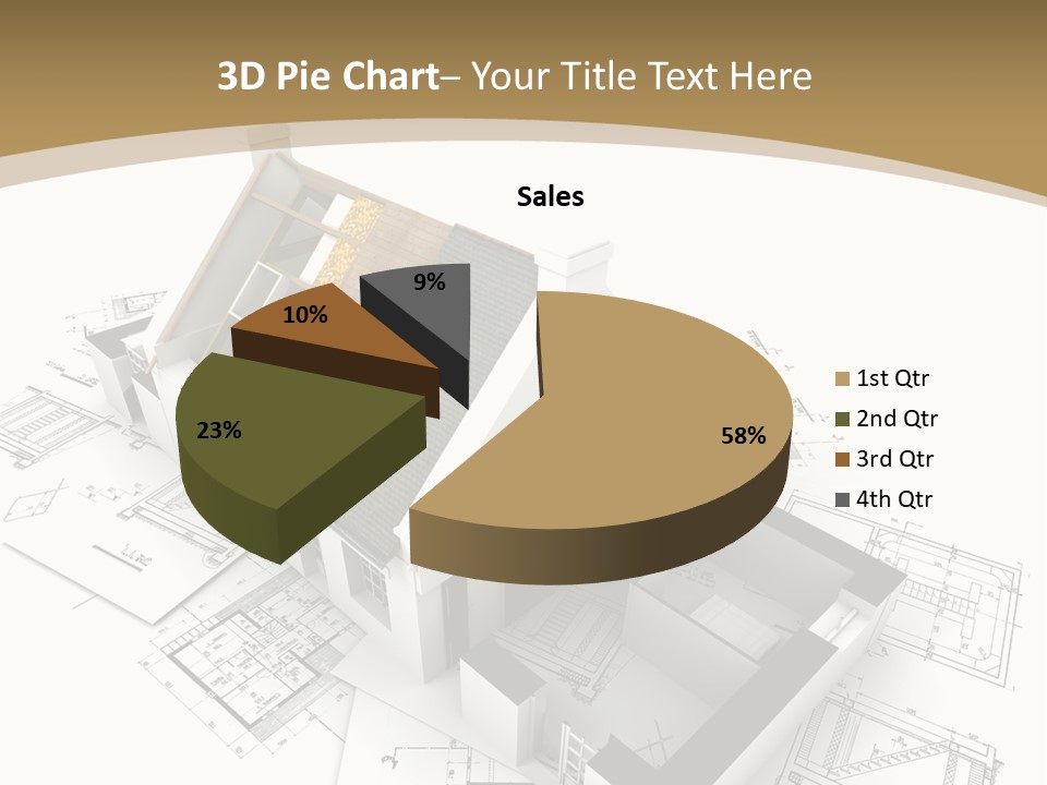House With Exposed Roof Layers On Top Of Architect Blueprints. PowerPoint Template