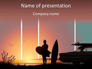 A Man Holding A Surfboard Standing Next To A Car PowerPoint Template