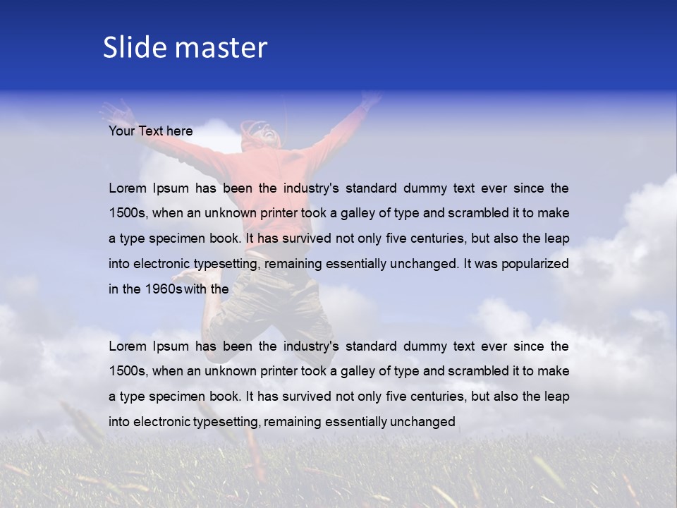 Man Jumping On A Green Meadow With A Beautiful Cloudy Sky PowerPoint Template